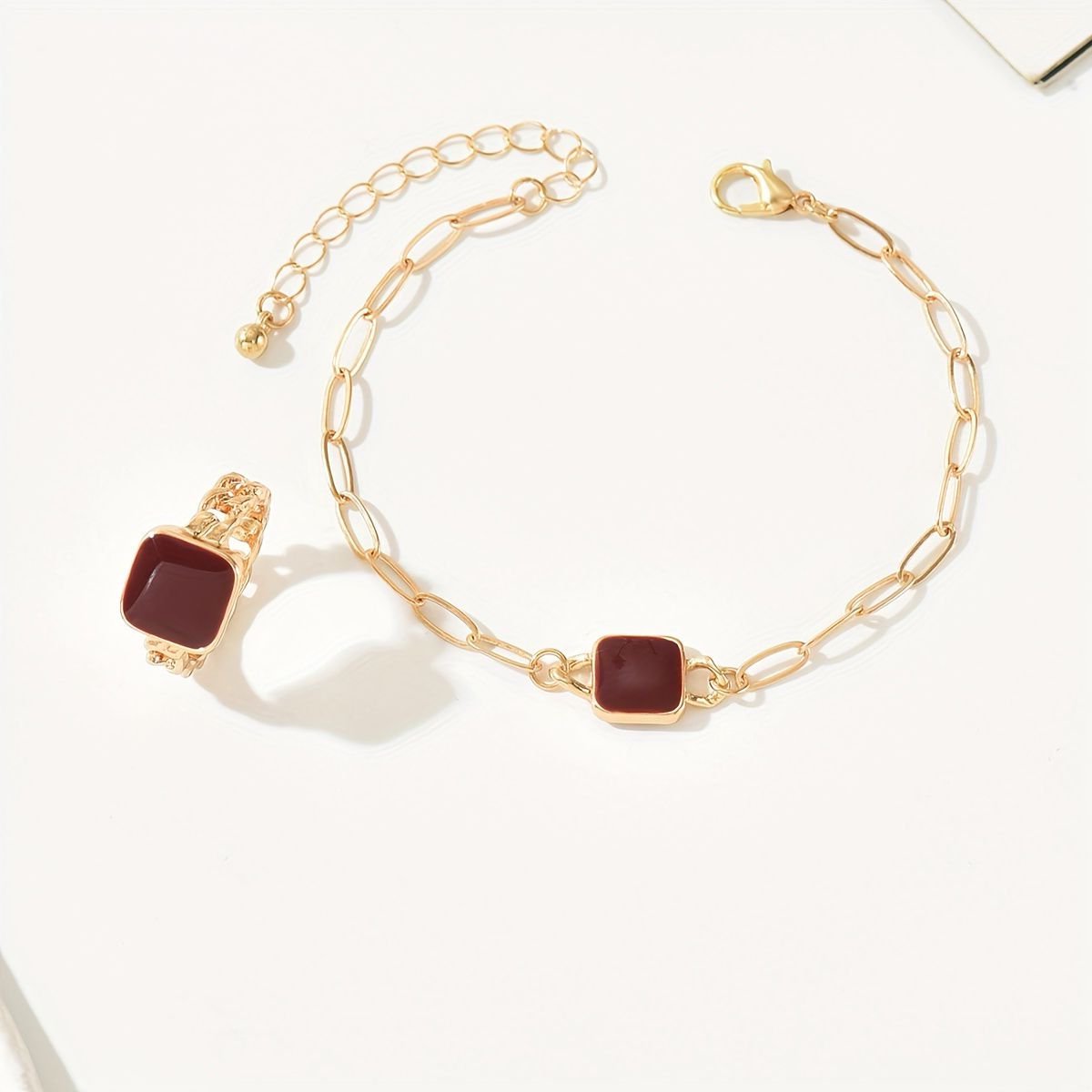 Dainty Women 14K Gold Plated Agate Bracelet And  Ring Set