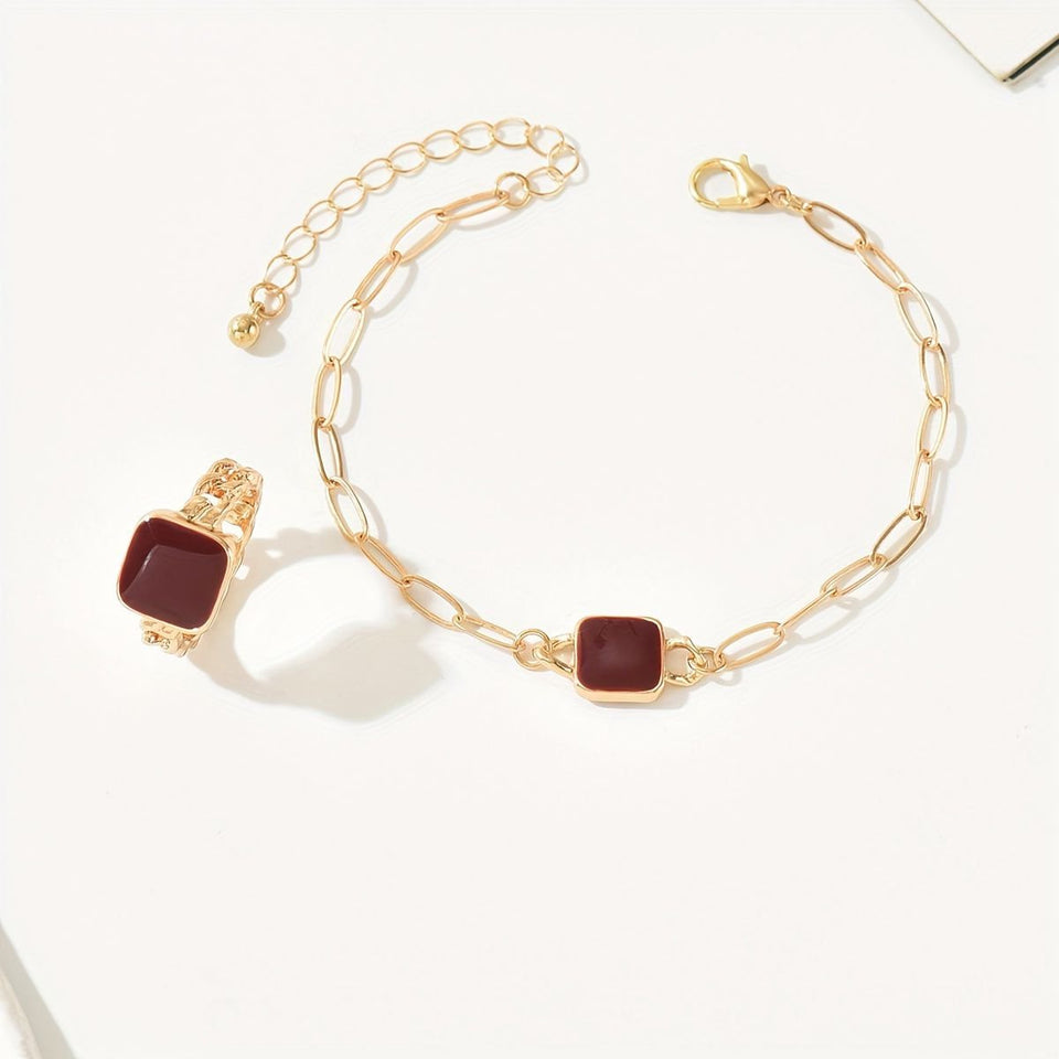 Dainty Women 14K Gold Plated Agate Bracelet And  Ring Set
