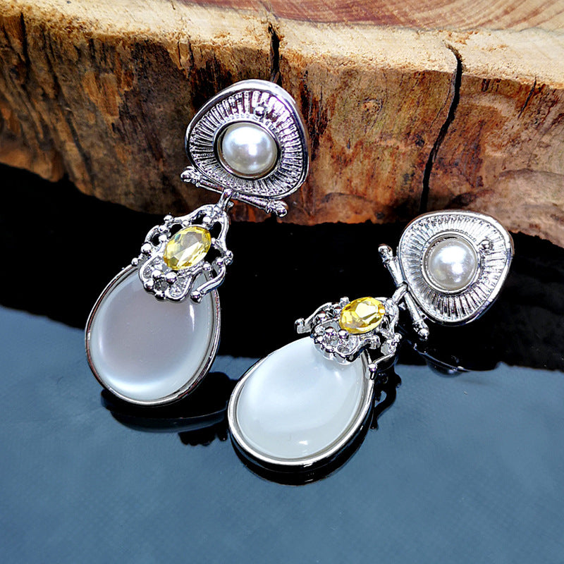 Allereya Vintage Women Moonstone Pearl Earrings