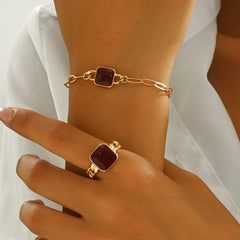 Dainty Women 14K Gold Plated Agate Bracelet And  Ring Set