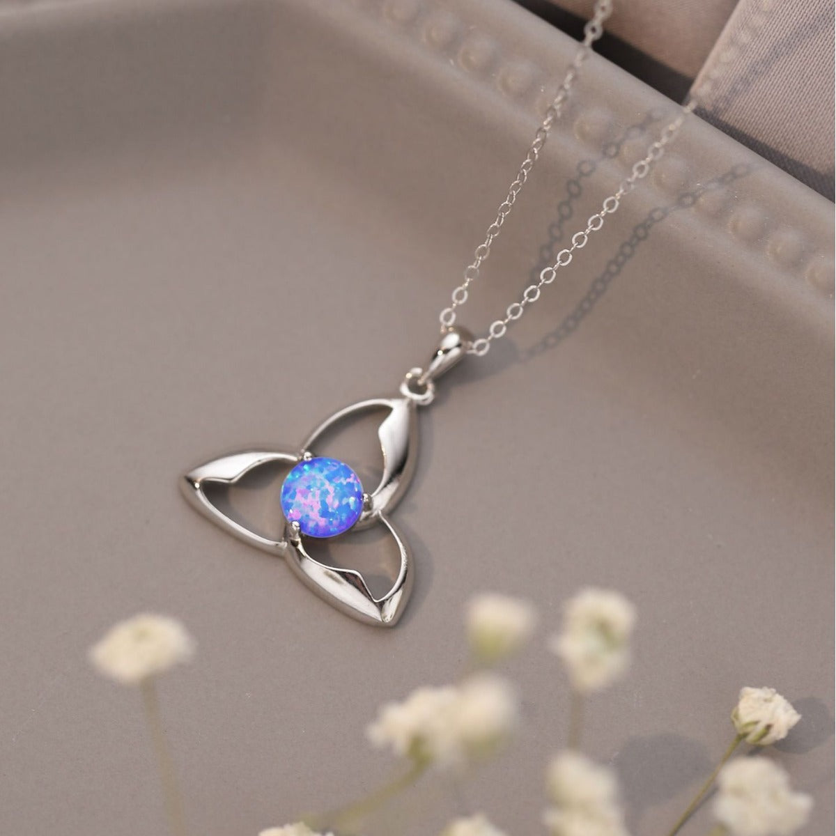 Celitc women Necklace 925 Silver Pendant White Round Opal Pendant