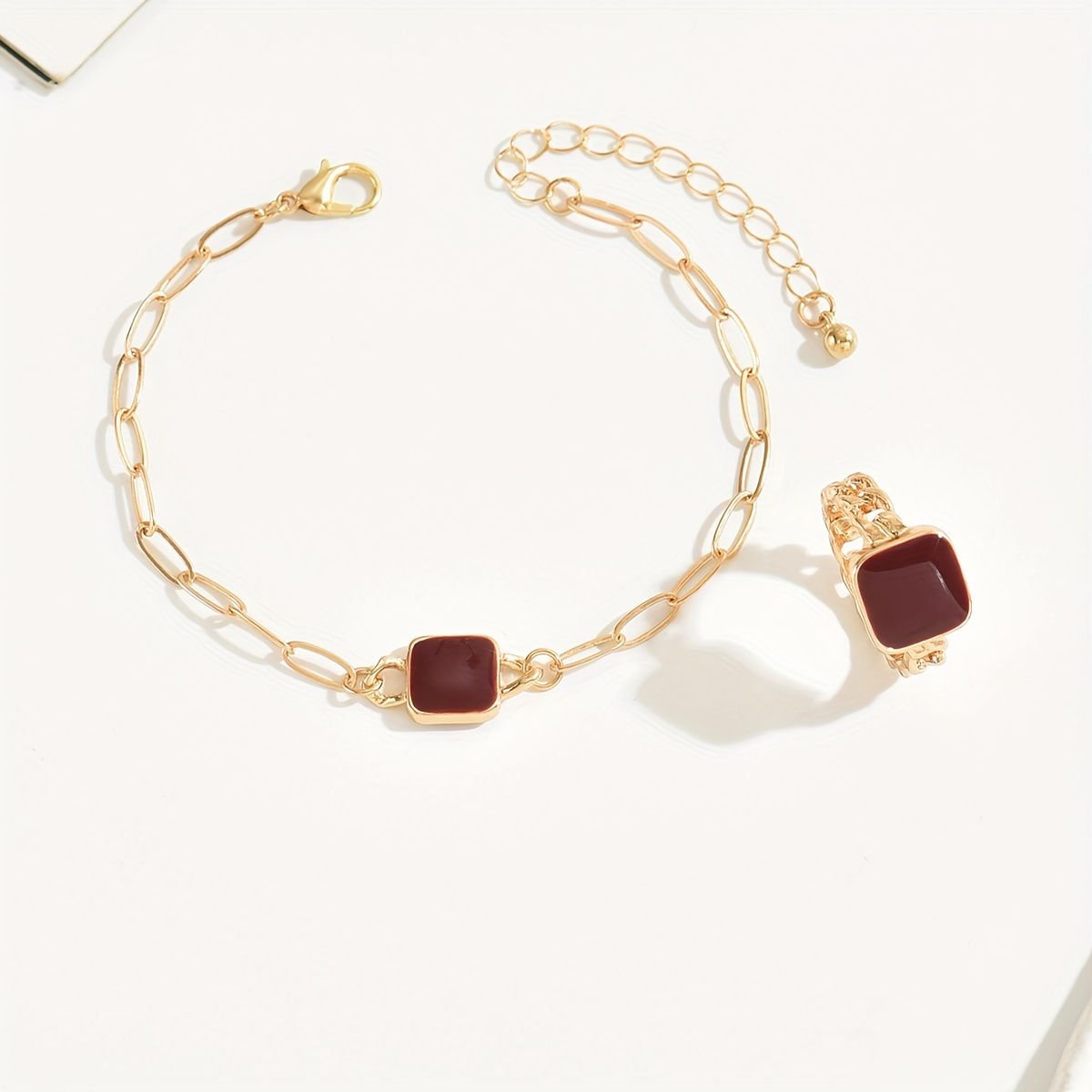Dainty Women 14K Gold Plated Agate Bracelet And  Ring Set