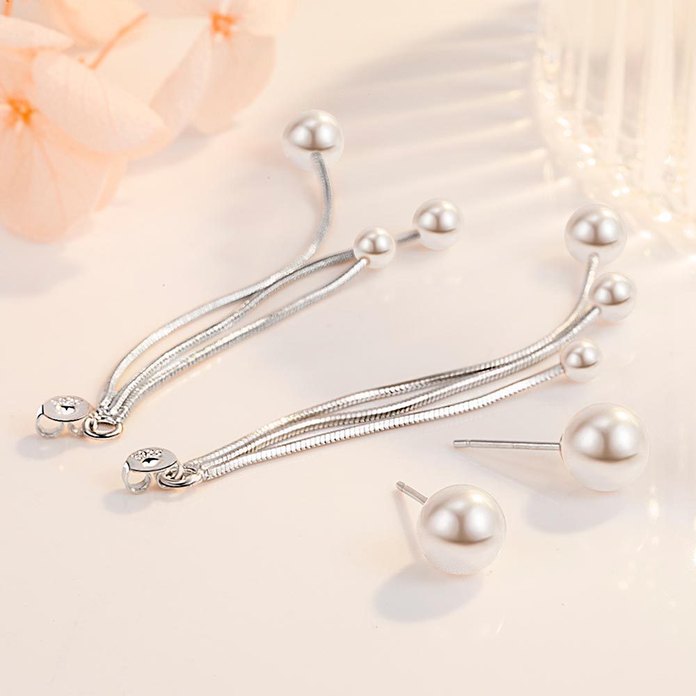 Women Pearl Silver Plated Fringe Long Earrings