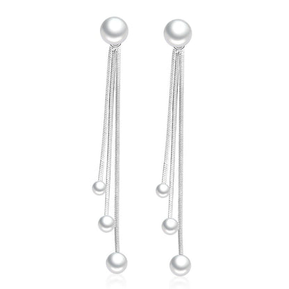 Women Pearl Silver Plated Fringe Long Earrings