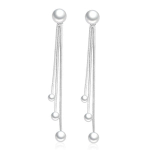 Women Pearl Silver Plated Fringe Long Earrings