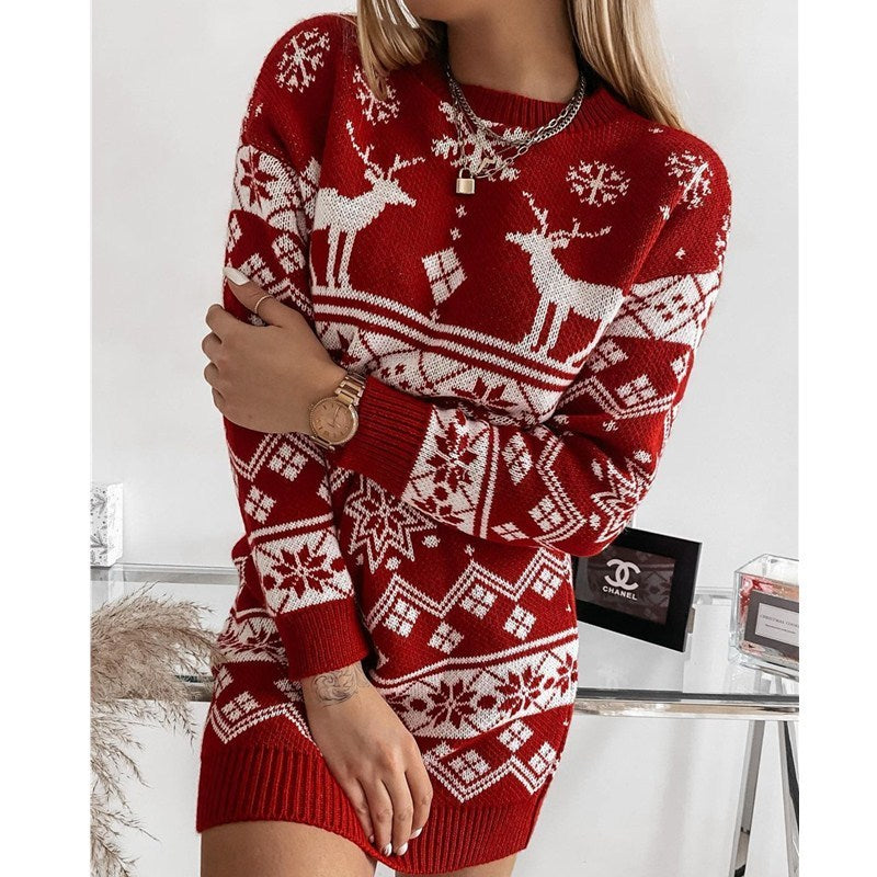 Christmas Women Jacquard Long Knitted Sweaters