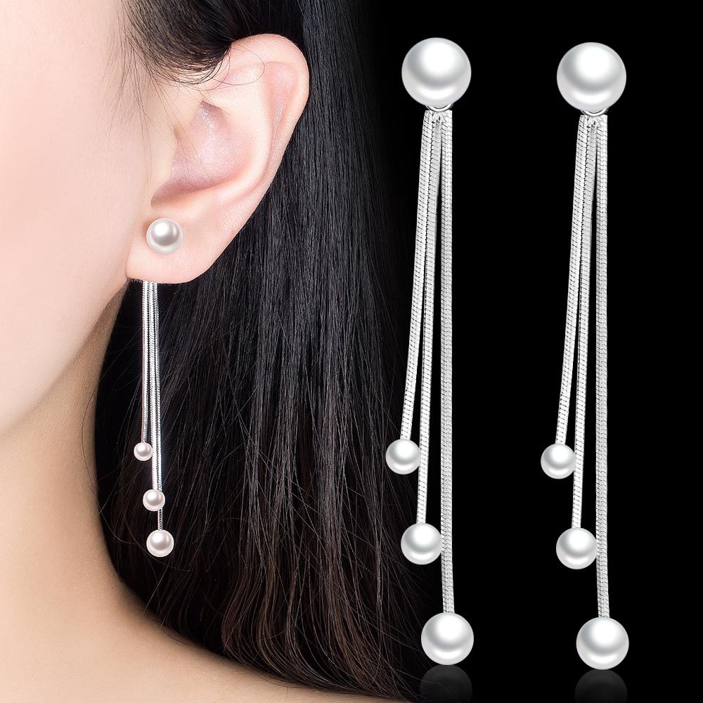 Women Pearl Silver Plated Fringe Long Earrings