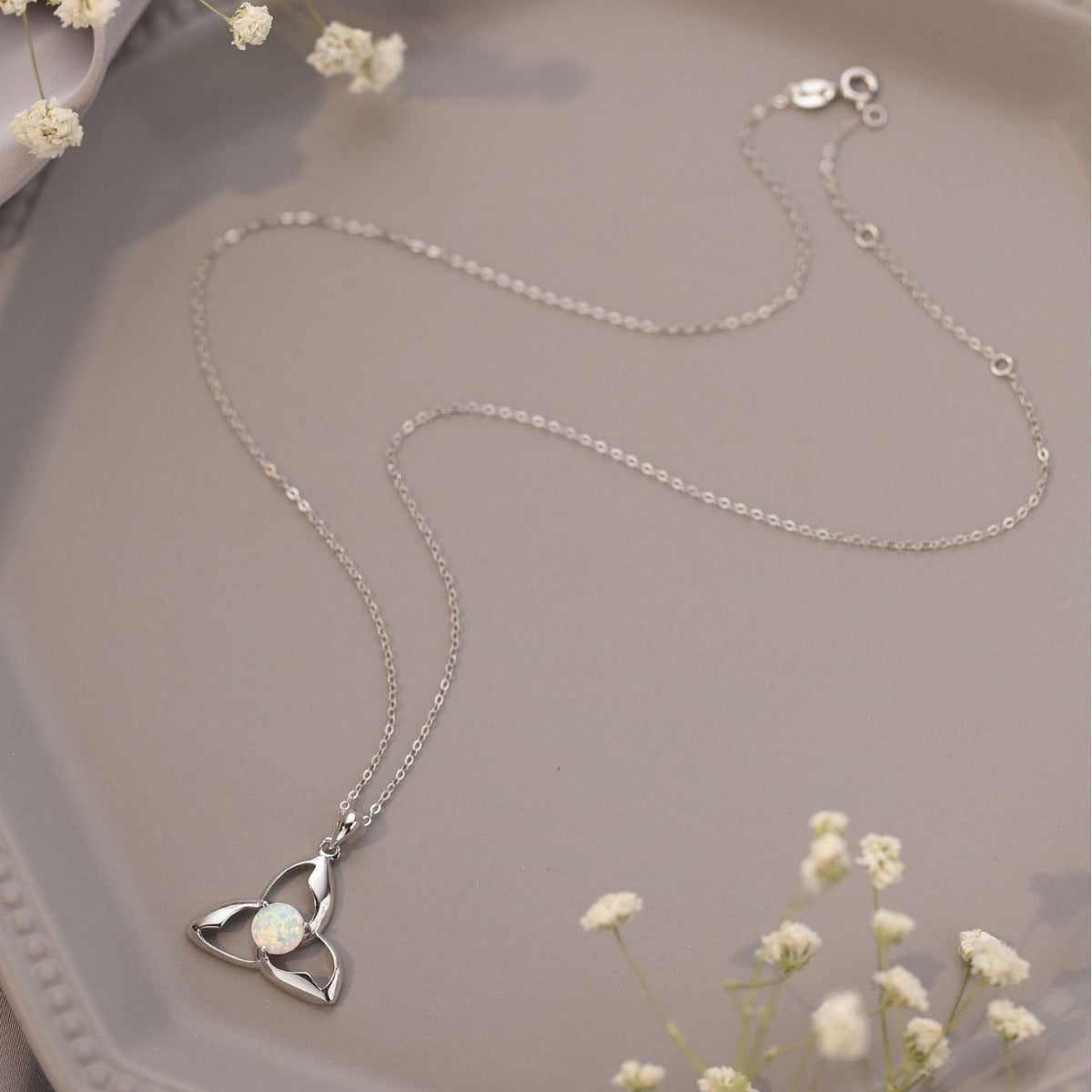 Celitc women Necklace 925 Silver Pendant White Round Opal Pendant