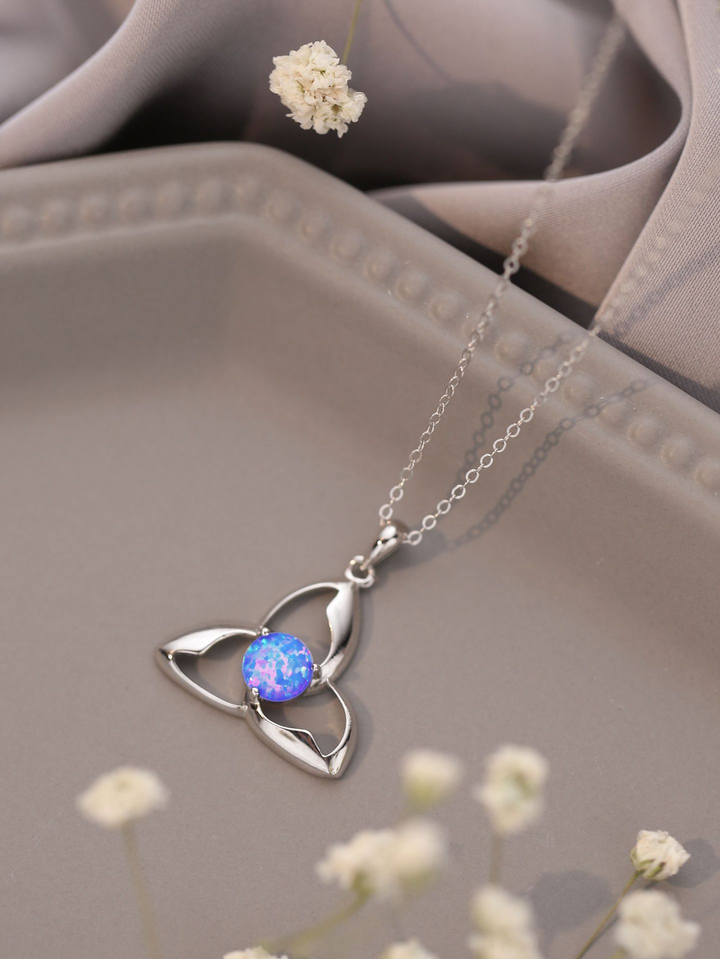 Celitc women Necklace 925 Silver Pendant White Round Opal Pendant