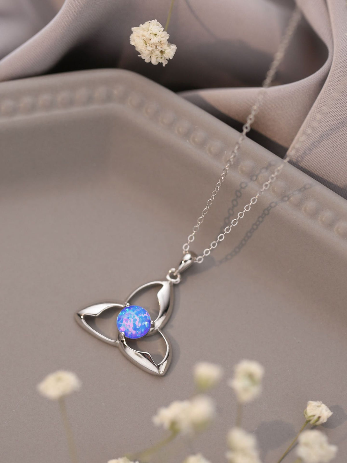 Celitc women Necklace 925 Silver Pendant White Round Opal Pendant