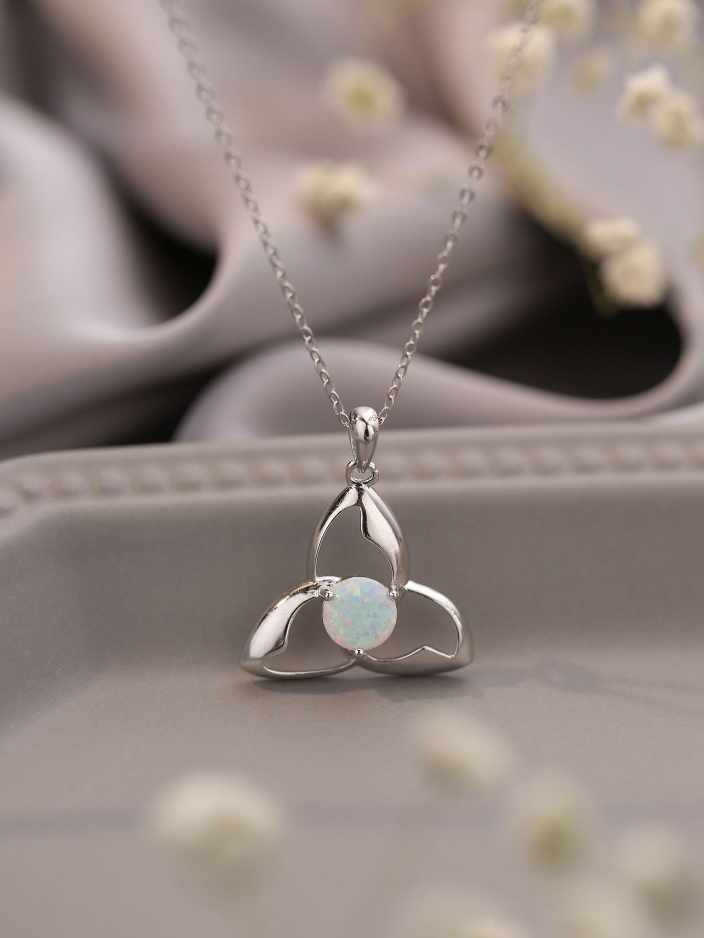 Celitc women Necklace 925 Silver Pendant White Round Opal Pendant