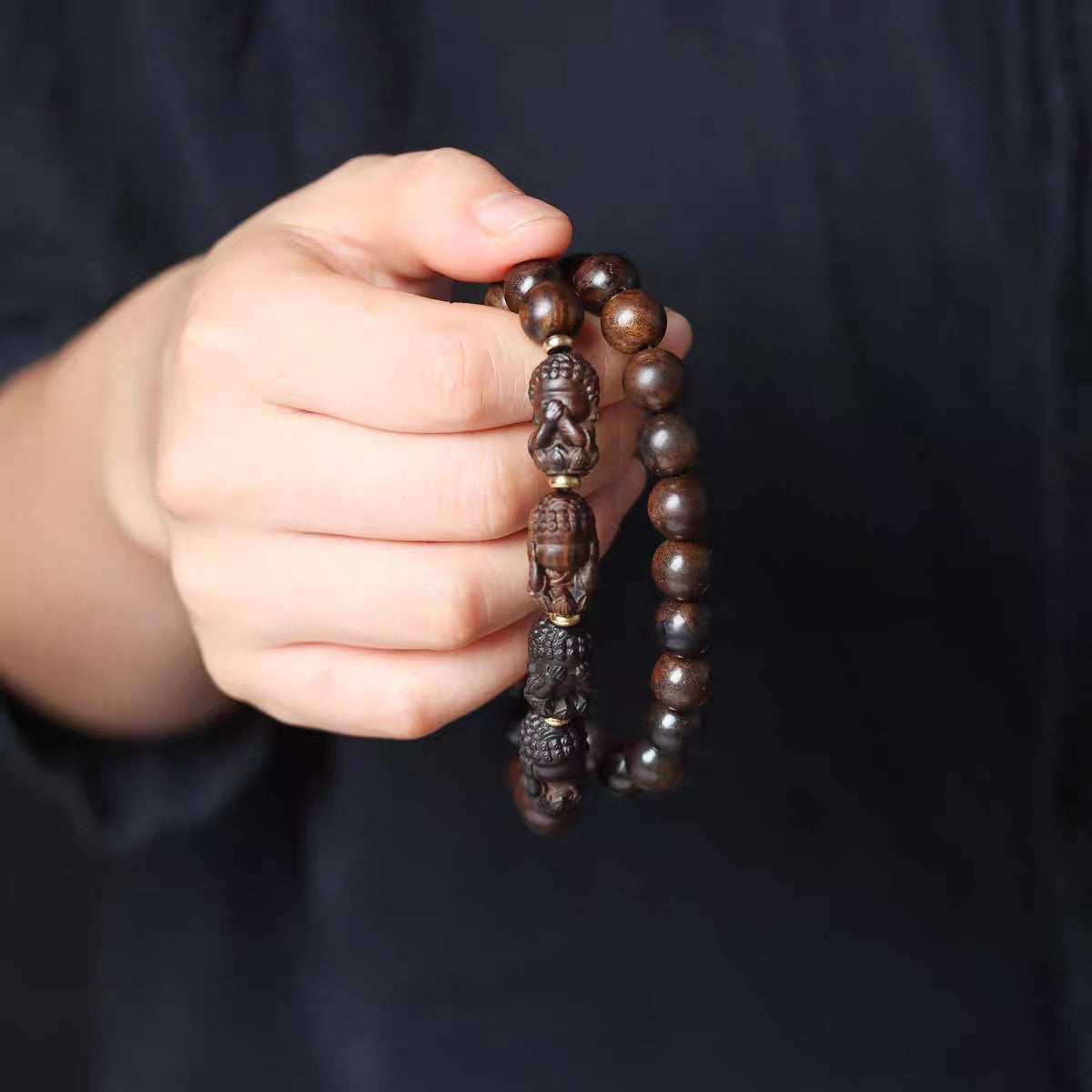 Serenity Men Bracelet With Four Buddha Carved From Agarwood